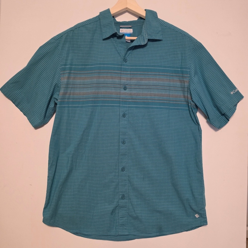 Columbia Micro Grid Check Horizontal Stripe Teal Blue Button Up Shirt Large